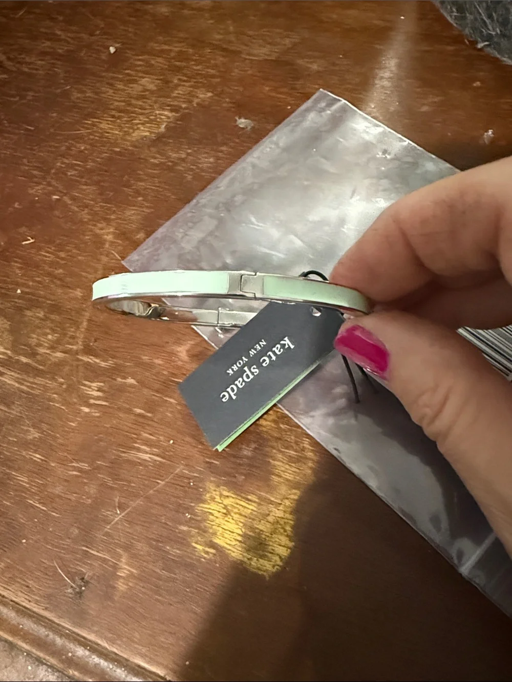 kate spade Silver Tone Hinged Bangle with Pale Mint Accent - Picture 5 of 8